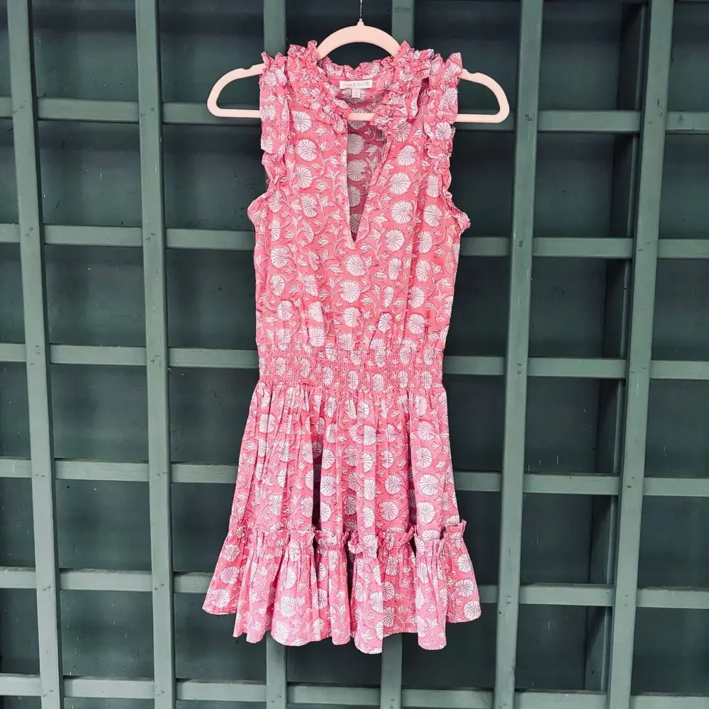 Anna Cate Morgan Dress Pink Floral Smocked Mini cotton Ruffle Sz S boho coastal - Picture 2 of 7